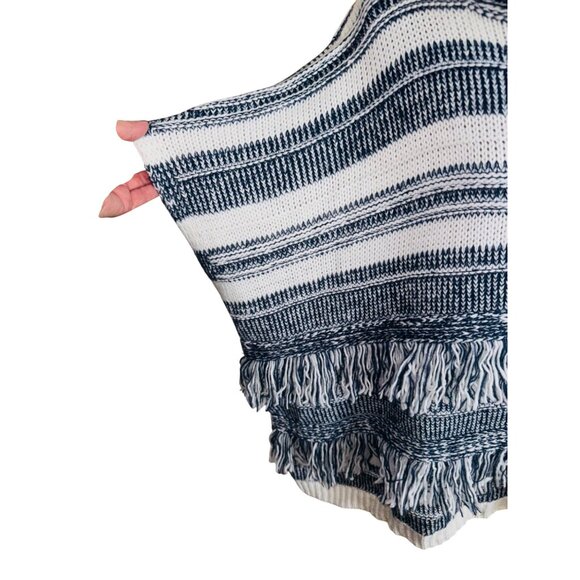 Linda Anderson Striped Cowl Neck Blue White Poncho Fringe One Size Sweater boho - Picture 7 of 10